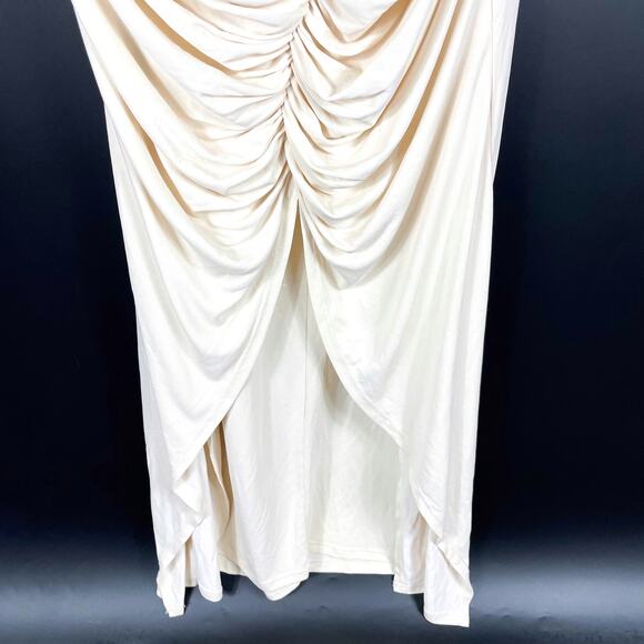 Camila Coelho Yasmeen Midi Dress Cream Jersey Metallic Rings Ruched Sz L - Picture 7 of 10